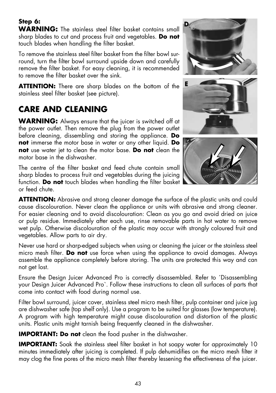 Care and cleaning | Gastroback 40133 Design Juicer Advanced Pro User Manual | Page 13 / 26