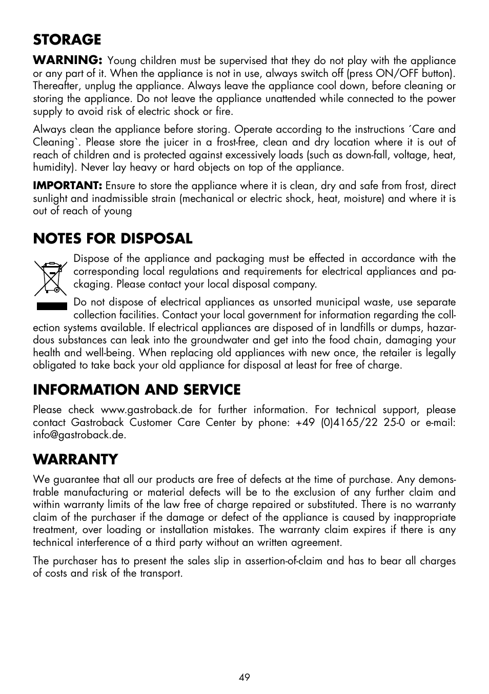 Storage, Information and service, Warranty | Gastroback 40133 Design Juicer Advanced Pro User Manual | Page 19 / 26