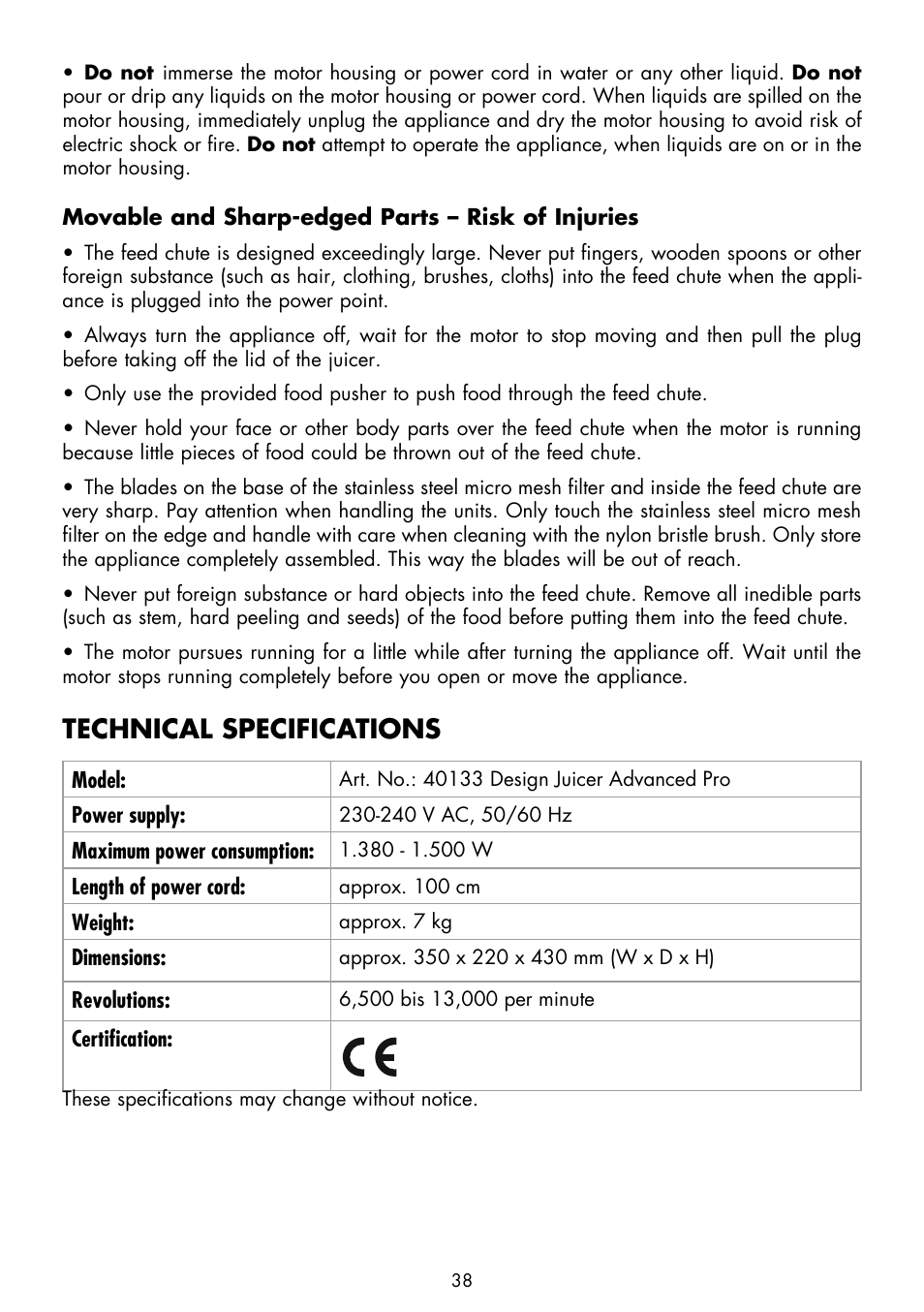 Technical specifications | Gastroback 40133 Design Juicer Advanced Pro User Manual | Page 8 / 26
