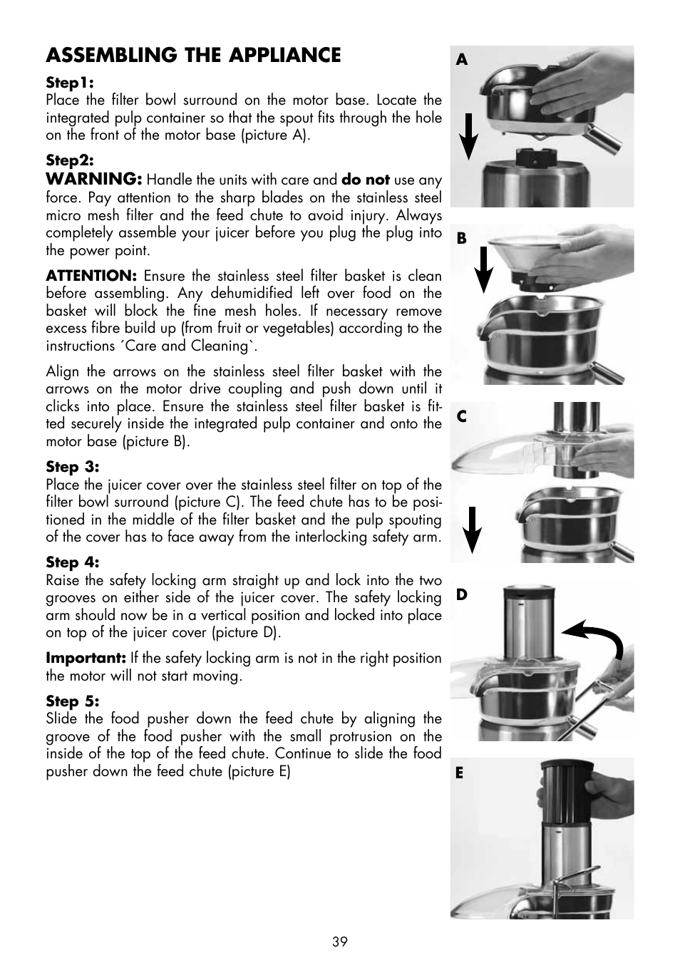 Assembling the appliance | Gastroback 40133 Design Juicer Advanced Pro User Manual | Page 9 / 26