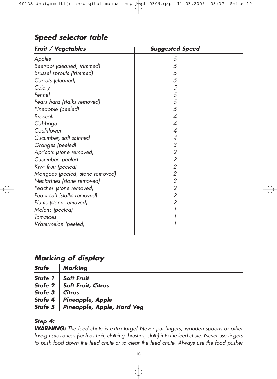 Speed selector table, Marking of display | Gastroback 40128 Design Multi Juicer Digital User Manual | Page 10 / 32