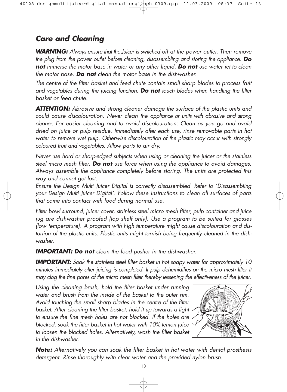 Care and cleaning | Gastroback 40128 Design Multi Juicer Digital User Manual | Page 13 / 32