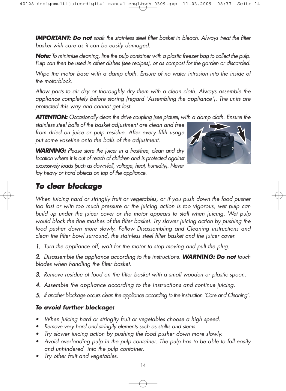 Tto o cclle ea arr b bllo occk ka ag ge e | Gastroback 40128 Design Multi Juicer Digital User Manual | Page 14 / 32