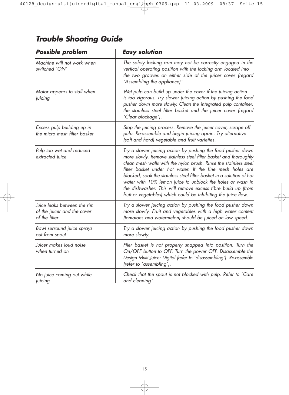 Trouble shooting guide | Gastroback 40128 Design Multi Juicer Digital User Manual | Page 15 / 32