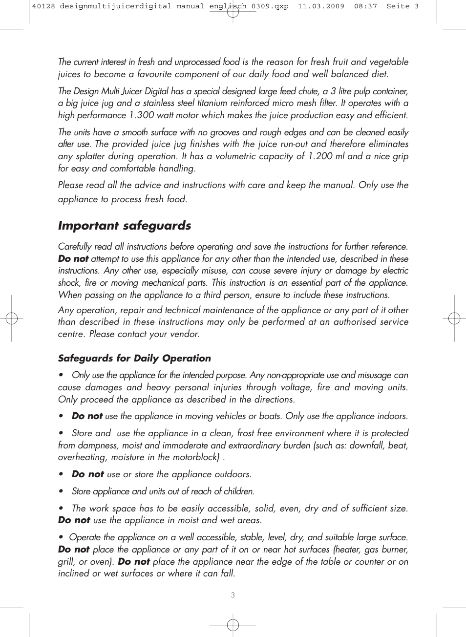 Important safeguards | Gastroback 40128 Design Multi Juicer Digital User Manual | Page 3 / 32