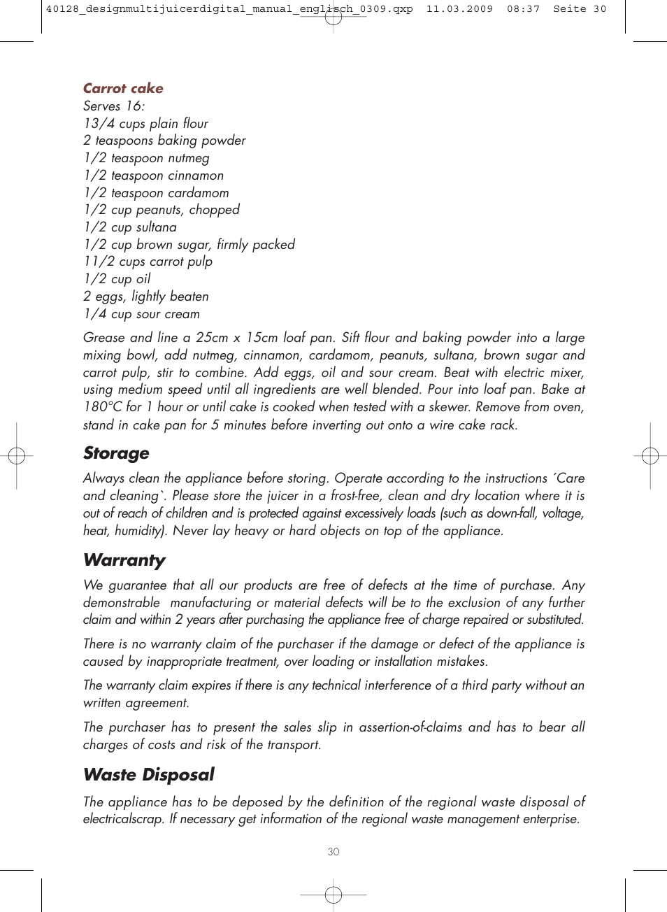 Storage, Warranty, Waste disposal | Gastroback 40128 Design Multi Juicer Digital User Manual | Page 30 / 32