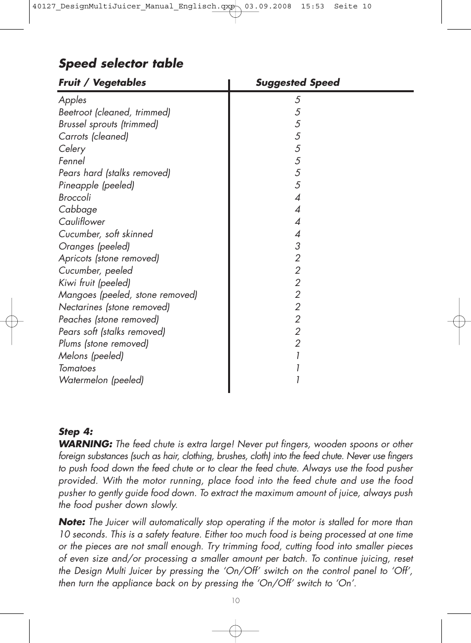 Speed selector table | Gastroback 40127 Design Multi Juicer User Manual | Page 10 / 32