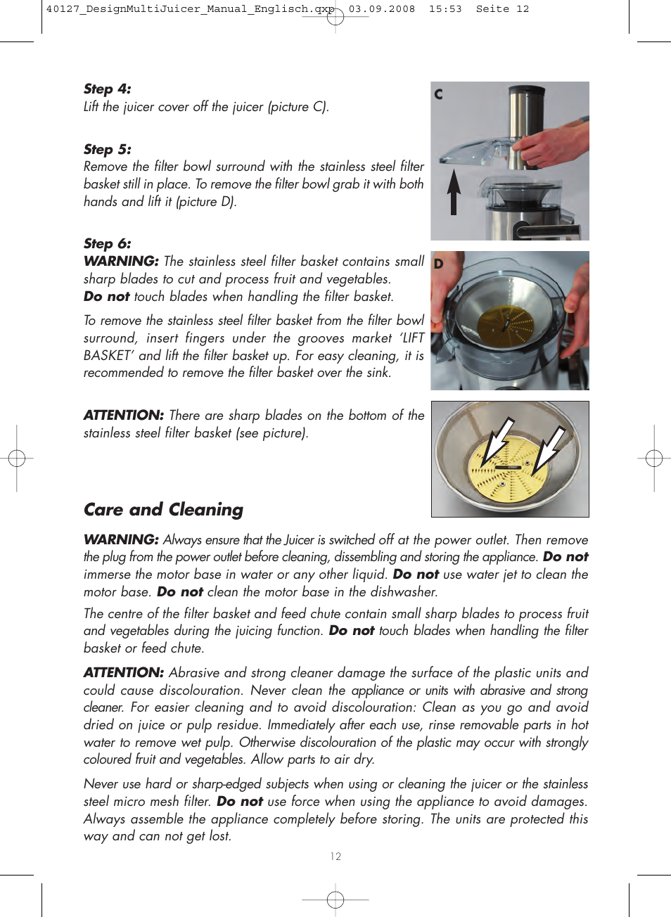 Care and cleaning | Gastroback 40127 Design Multi Juicer User Manual | Page 12 / 32