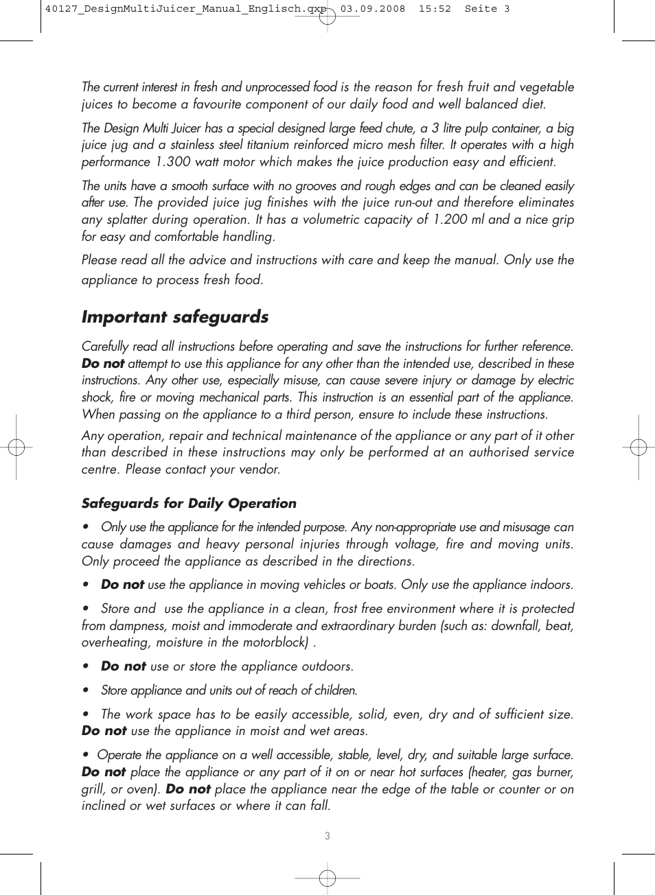 Important safeguards | Gastroback 40127 Design Multi Juicer User Manual | Page 3 / 32
