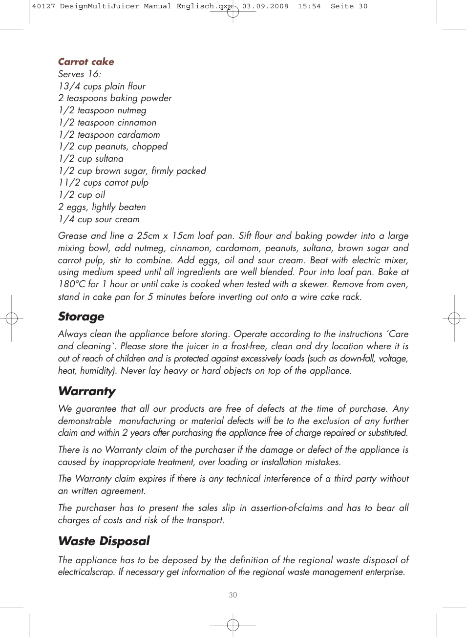 Storage, Warranty, Waste disposal | Gastroback 40127 Design Multi Juicer User Manual | Page 30 / 32