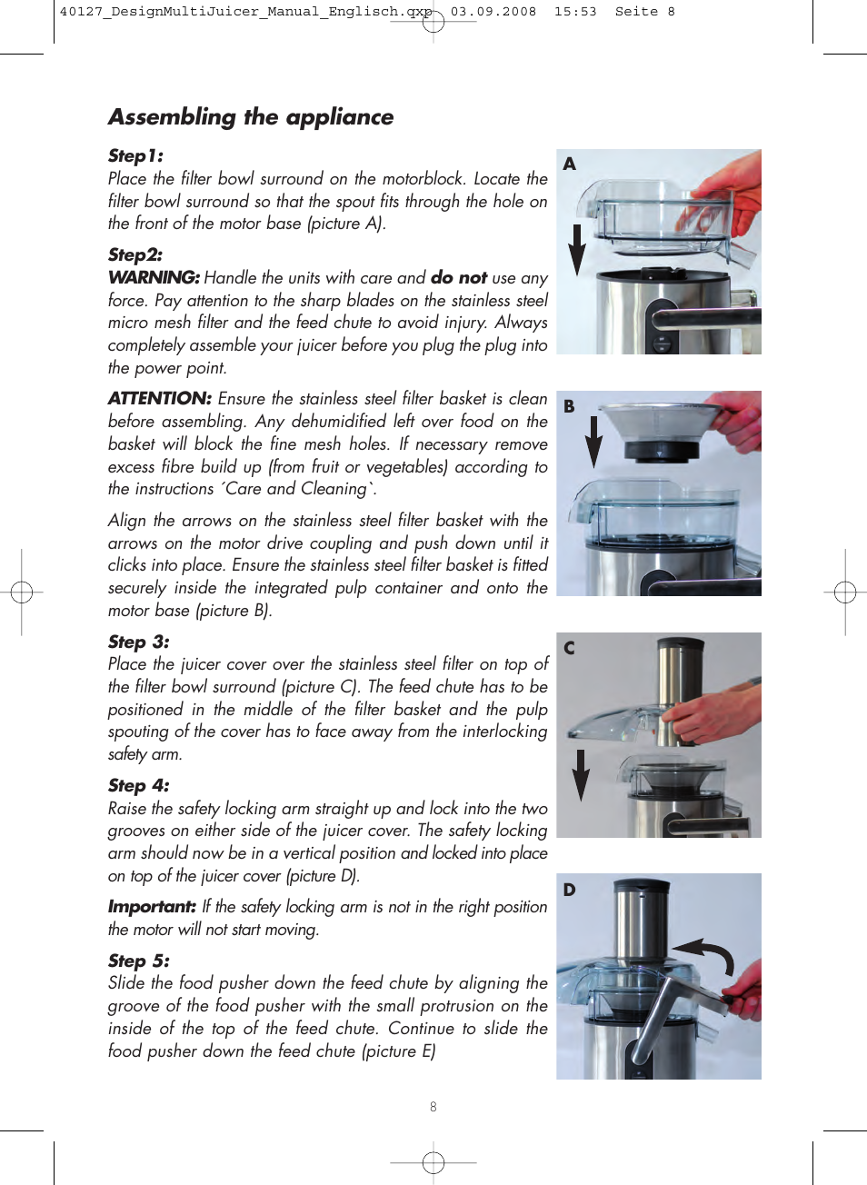 Assembling the appliance | Gastroback 40127 Design Multi Juicer User Manual | Page 8 / 32