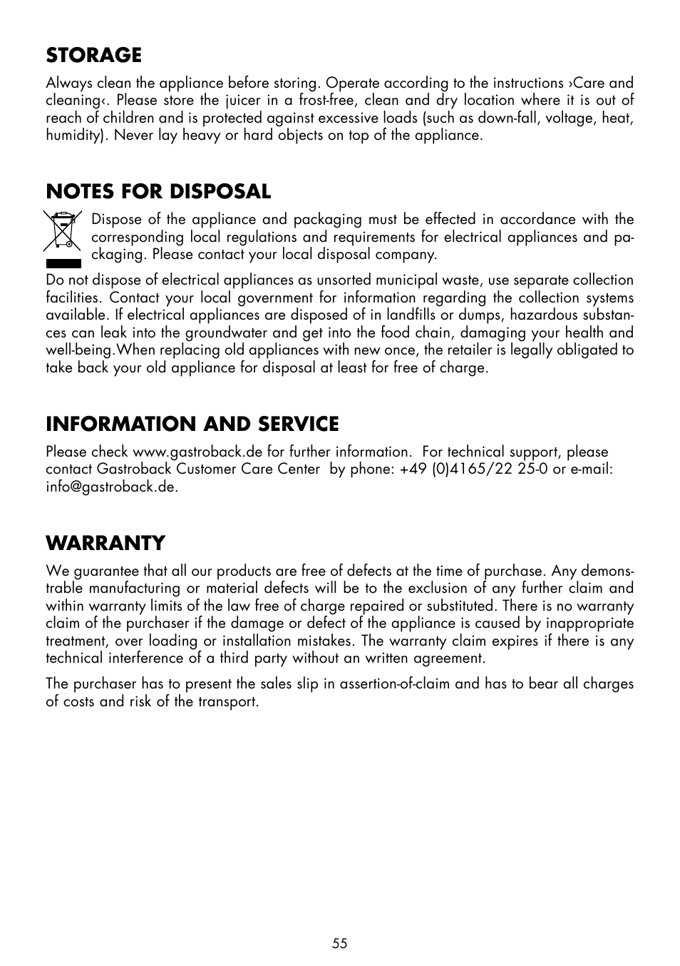 Storage, Information and service, Warranty | Gastroback 40126 Design Juicer Pro User Manual | Page 23 / 32