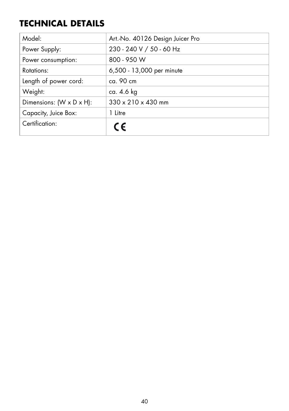 Technical details | Gastroback 40126 Design Juicer Pro User Manual | Page 8 / 32