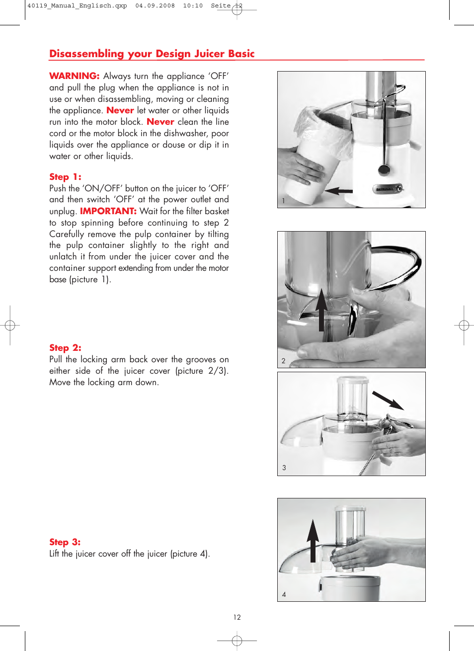 Disassembling your design juicer basic | Gastroback 40119 Design Juicer Basic User Manual | Page 12 / 28