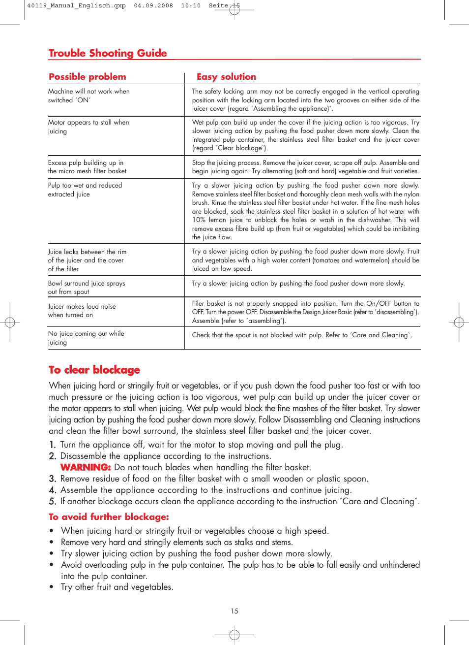 Trouble shooting guide, Tto o cclle ea arr b bllo occk ka ag ge e | Gastroback 40119 Design Juicer Basic User Manual | Page 15 / 28