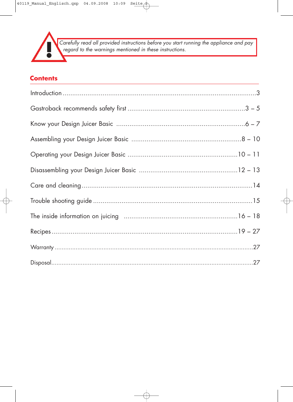 Gastroback 40119 Design Juicer Basic User Manual | Page 2 / 28