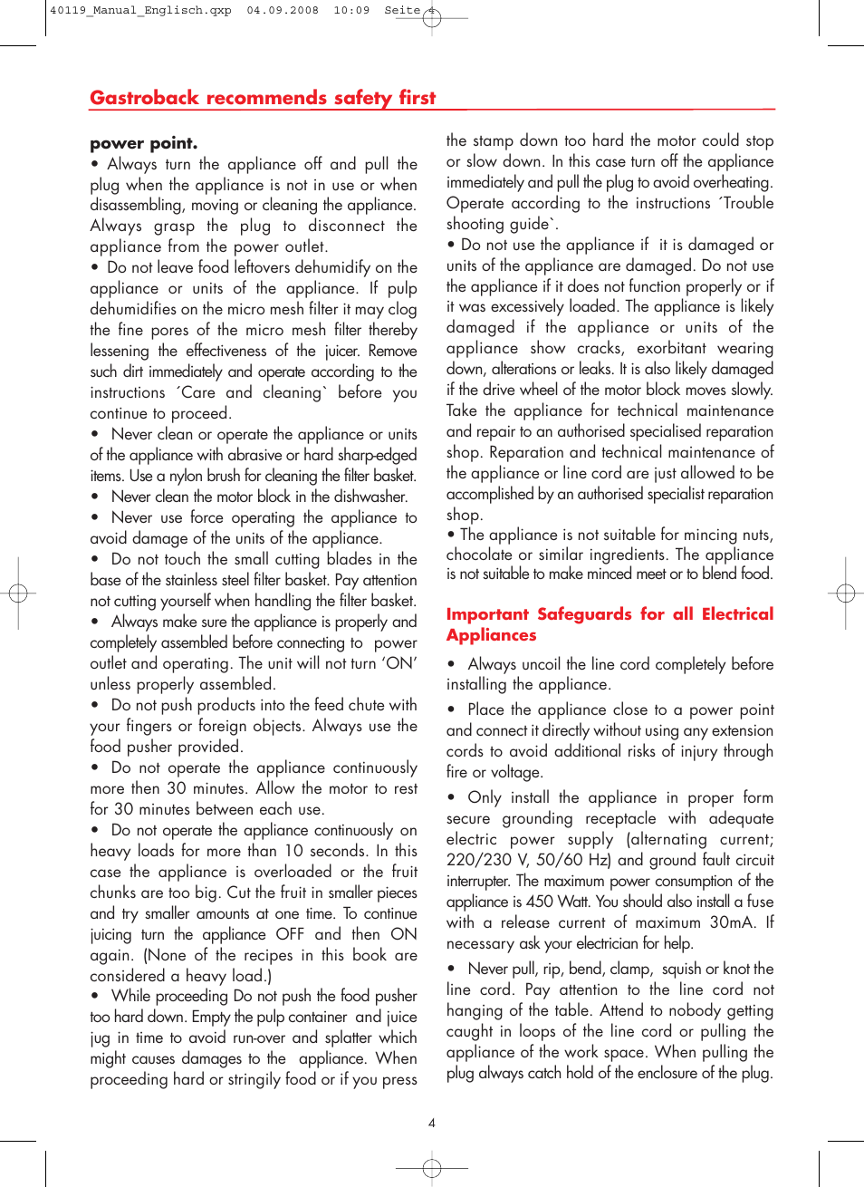 Gastroback recommends safety first | Gastroback 40119 Design Juicer Basic User Manual | Page 4 / 28