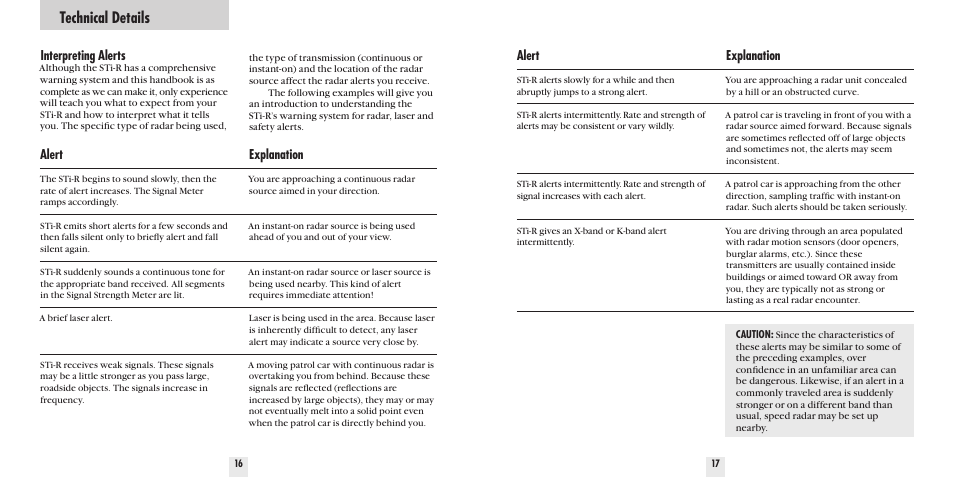 Technical details, Interpreting alerts, Explanation | Alert | Beltronics STi-R User Manual | Page 10 / 16