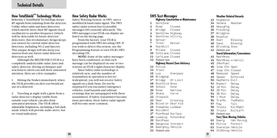 Technical details, How totalshield, Technology works | How safety radar works, Sws text messages | Beltronics STi-R User Manual | Page 12 / 16