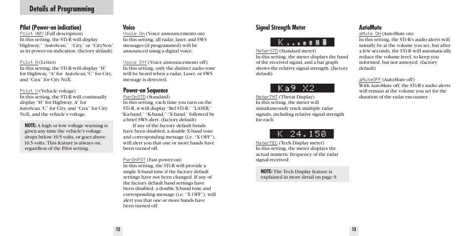 Details of programming, Voice, Power-on sequence | Signal strength meter, Automute, Pilot (power-on indication) | Beltronics STi-R User Manual | Page 8 / 16
