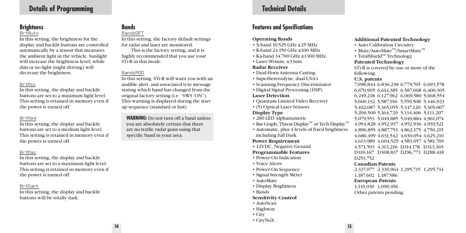 Details of programming, Technical details, Brightness | Features and speciﬁcations, Bands | Beltronics STi-R User Manual | Page 9 / 16