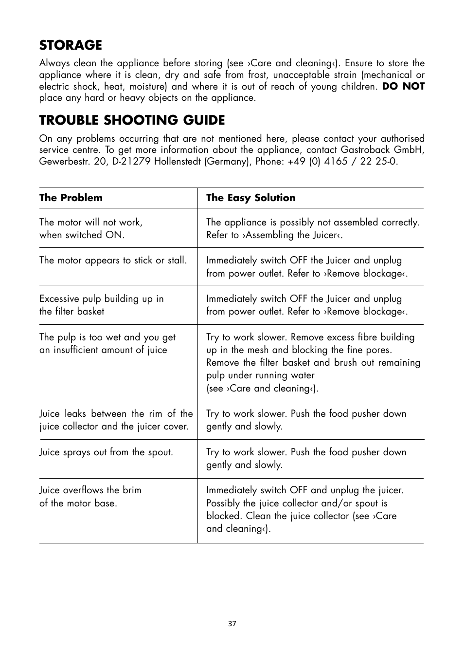Storage, Trouble shooting guide | Gastroback 40117 Vital Juicer Pro User Manual | Page 13 / 24