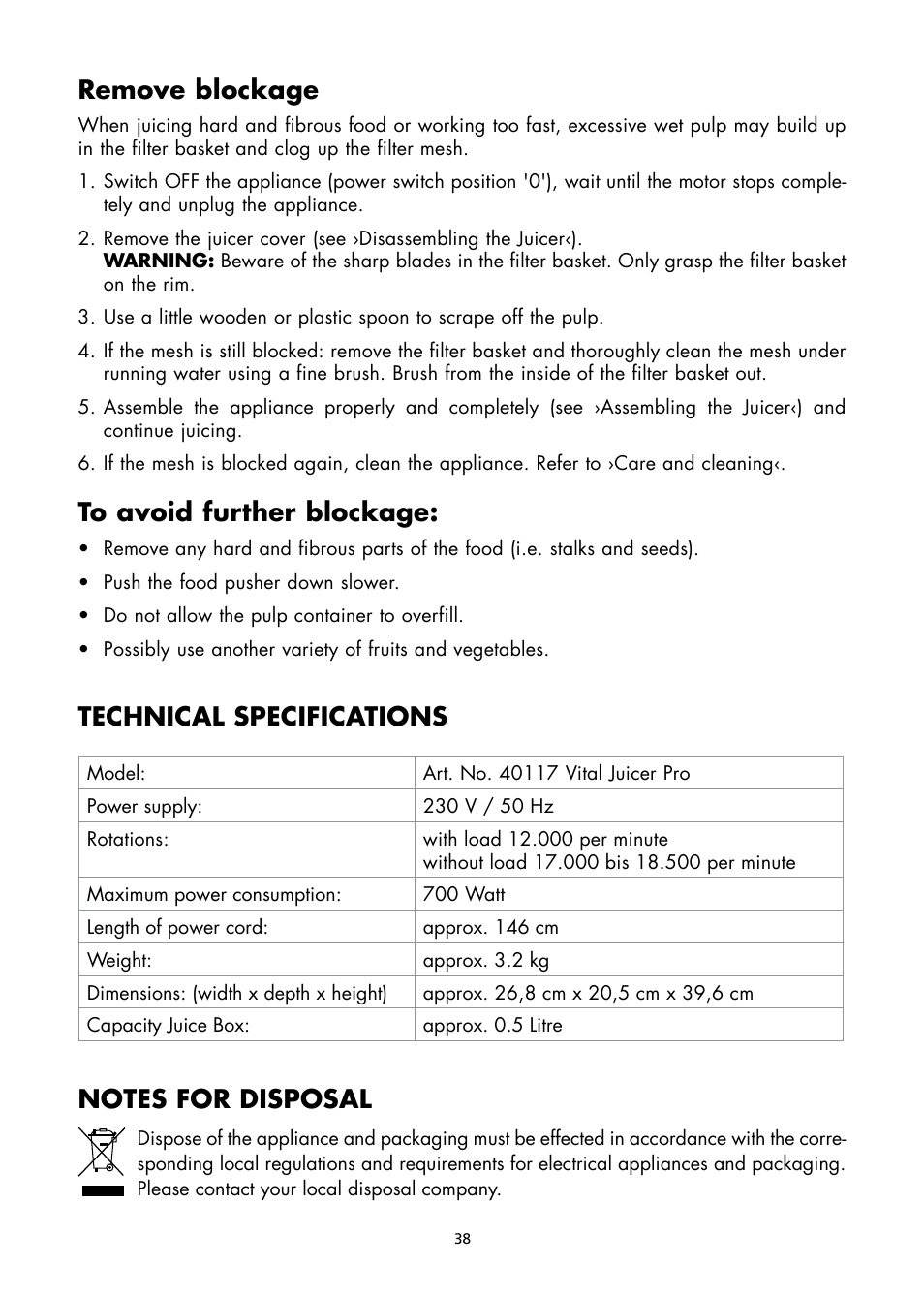 Remove blockage, Technical specifications | Gastroback 40117 Vital Juicer Pro User Manual | Page 14 / 24