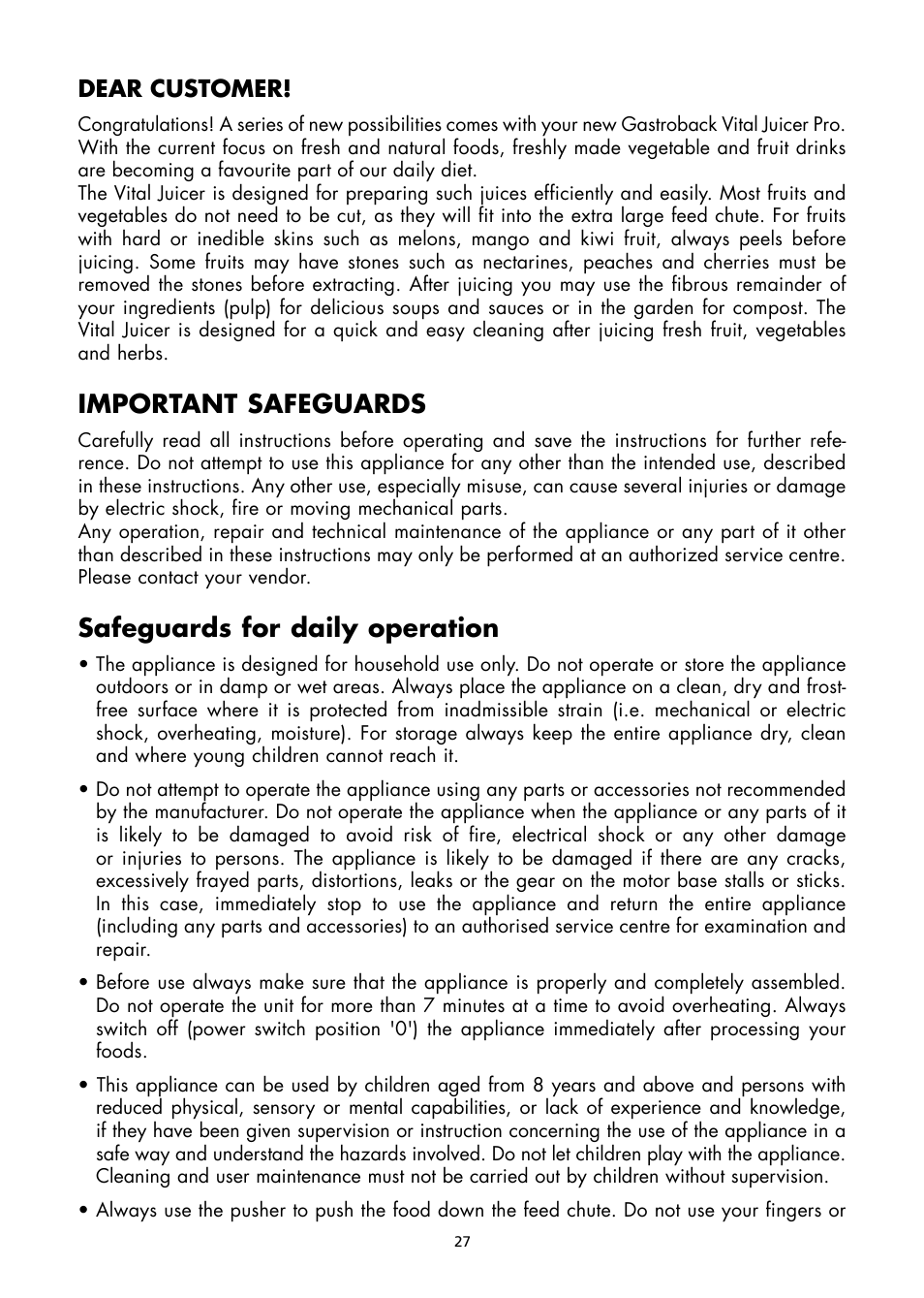 Important safeguards, Safeguards for daily operation, Dear customer | Gastroback 40117 Vital Juicer Pro User Manual | Page 3 / 24