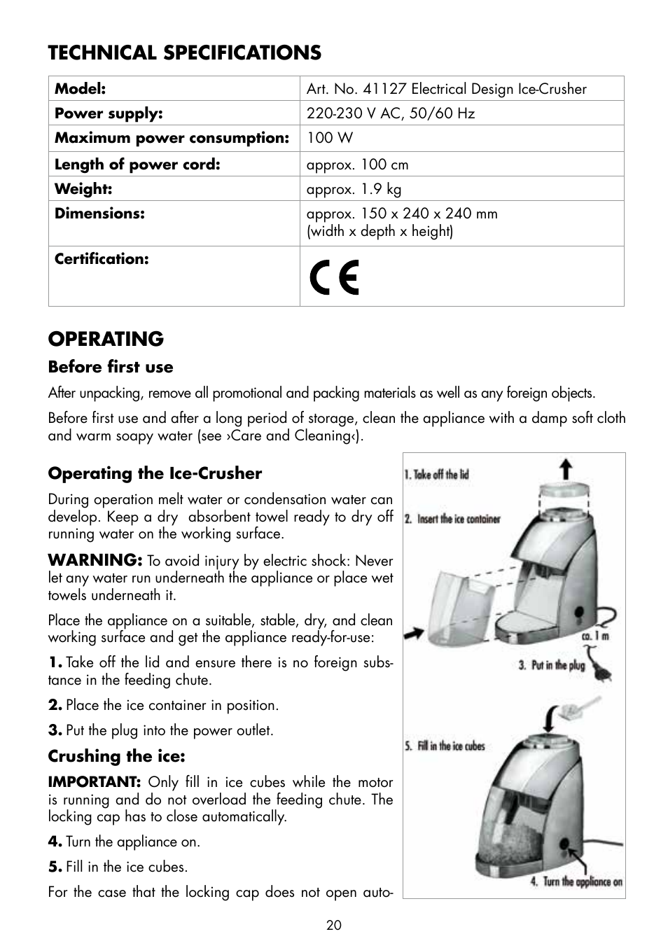 Technical specifications, Operating | Gastroback 41127 Electrical Ice Crusher User Manual | Page 8 / 12