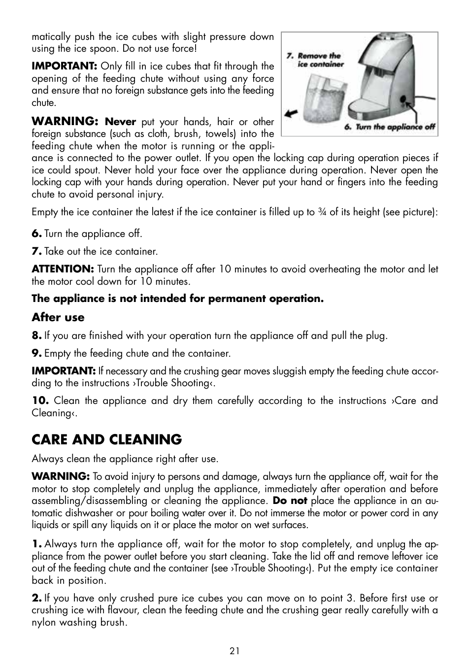 Care and cleaning | Gastroback 41127 Electrical Ice Crusher User Manual | Page 9 / 12