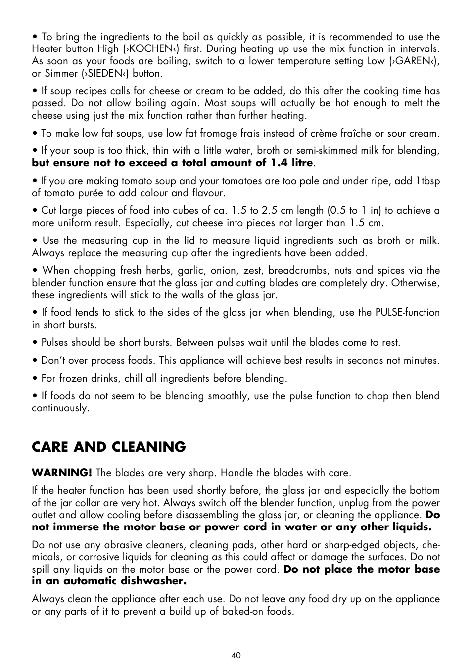 Care and cleaning | Gastroback 41020 Cook & Mix Plus User Manual | Page 14 / 26