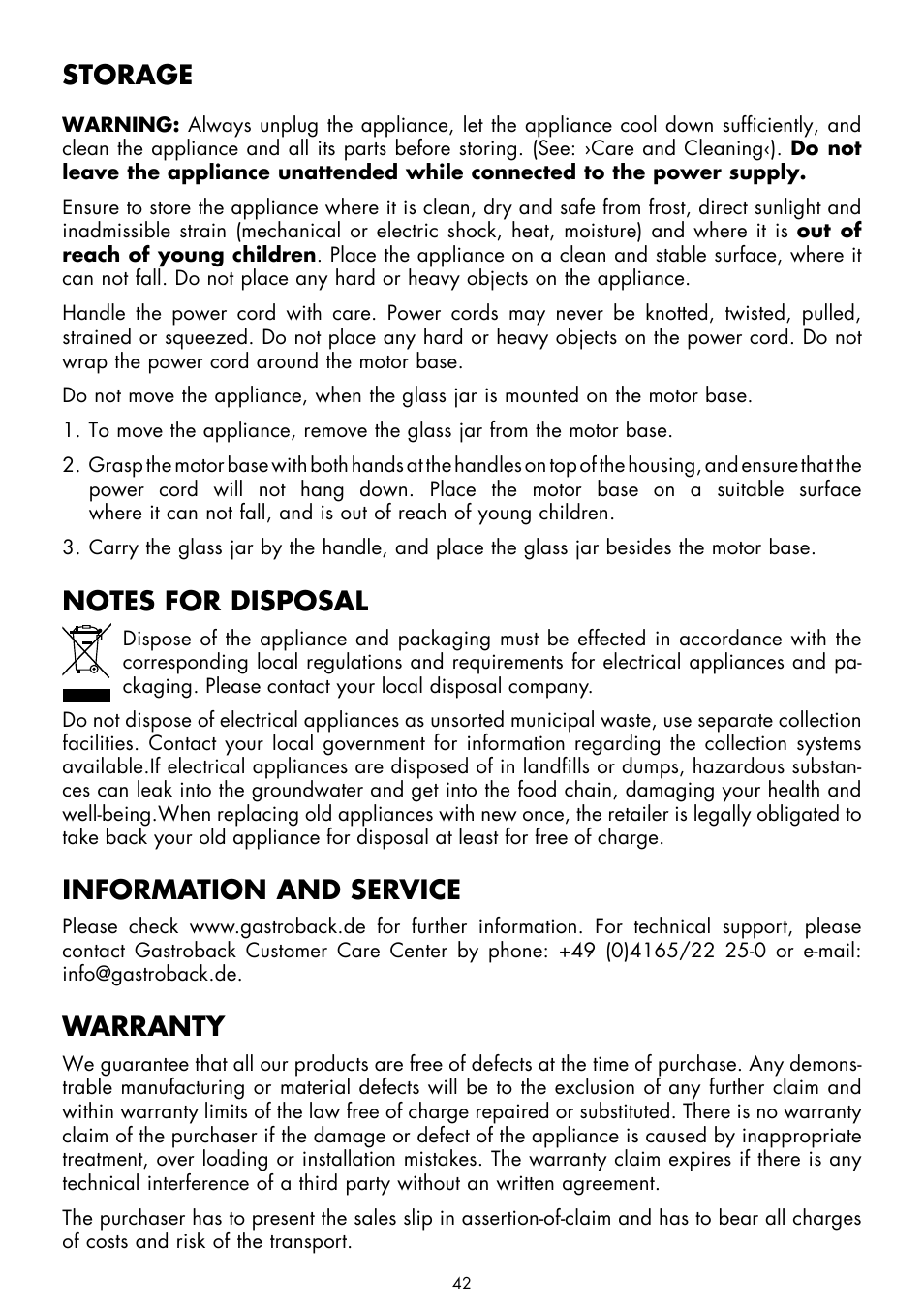 Storage, Information and service, Warranty | Gastroback 41020 Cook & Mix Plus User Manual | Page 16 / 26