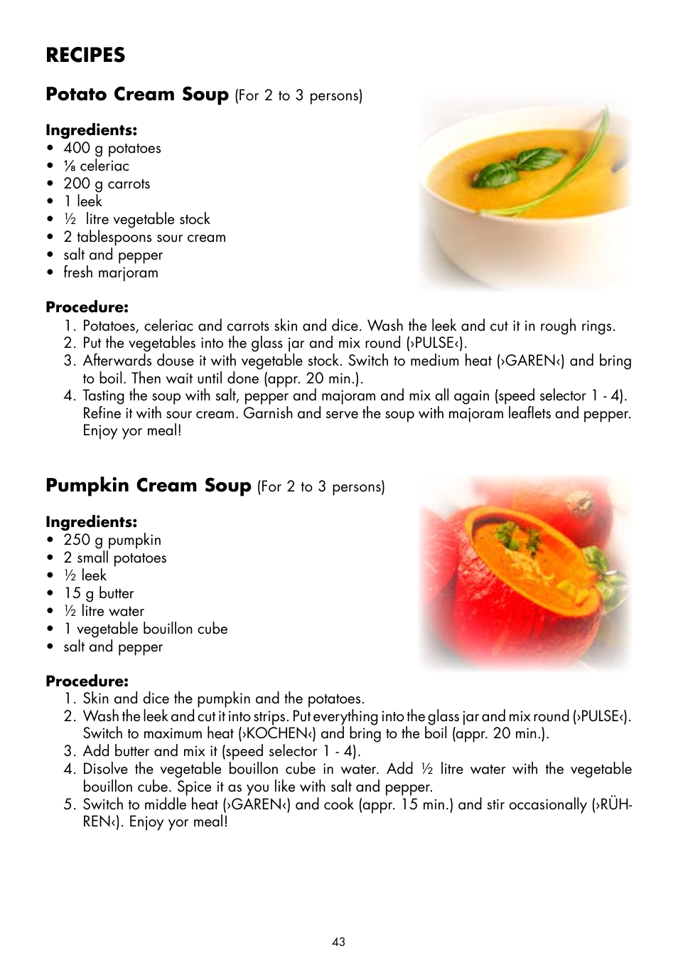 Recipes, Potato cream soup, Pumpkin cream soup | Gastroback 41020 Cook & Mix Plus User Manual | Page 17 / 26