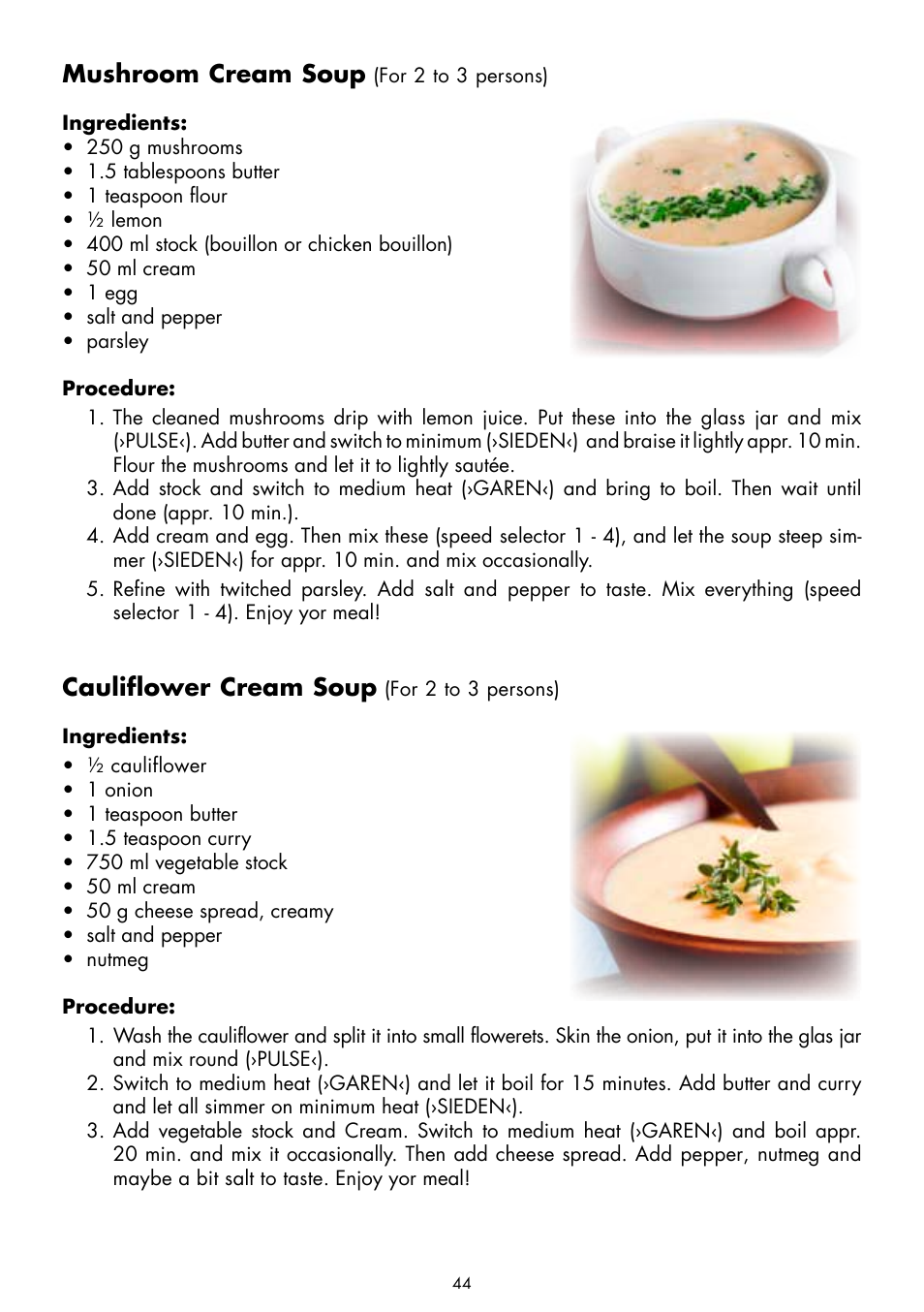 Mushroom cream soup, Cauliflower cream soup | Gastroback 41020 Cook & Mix Plus User Manual | Page 18 / 26