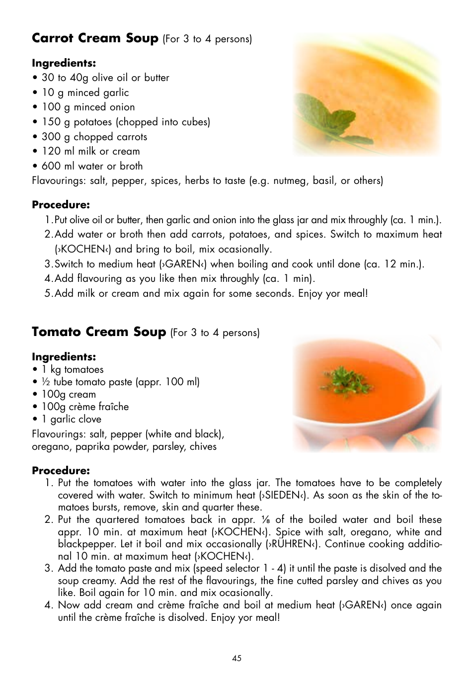 Carrot cream soup, Tomato cream soup | Gastroback 41020 Cook & Mix Plus User Manual | Page 19 / 26