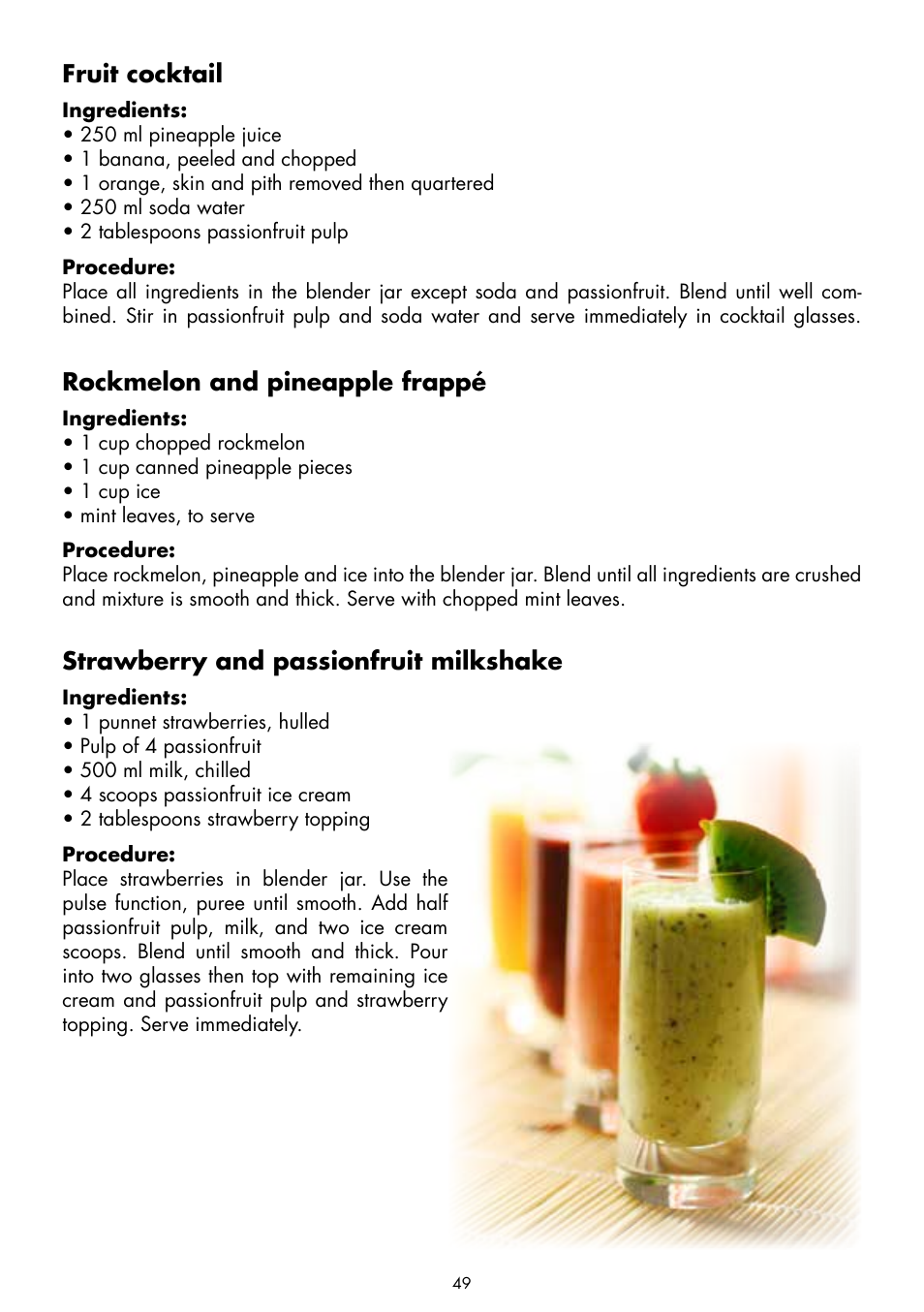 Fruit cocktail, Rockmelon and pineapple frappé, Strawberry and passionfruit milkshake | Gastroback 41020 Cook & Mix Plus User Manual | Page 23 / 26