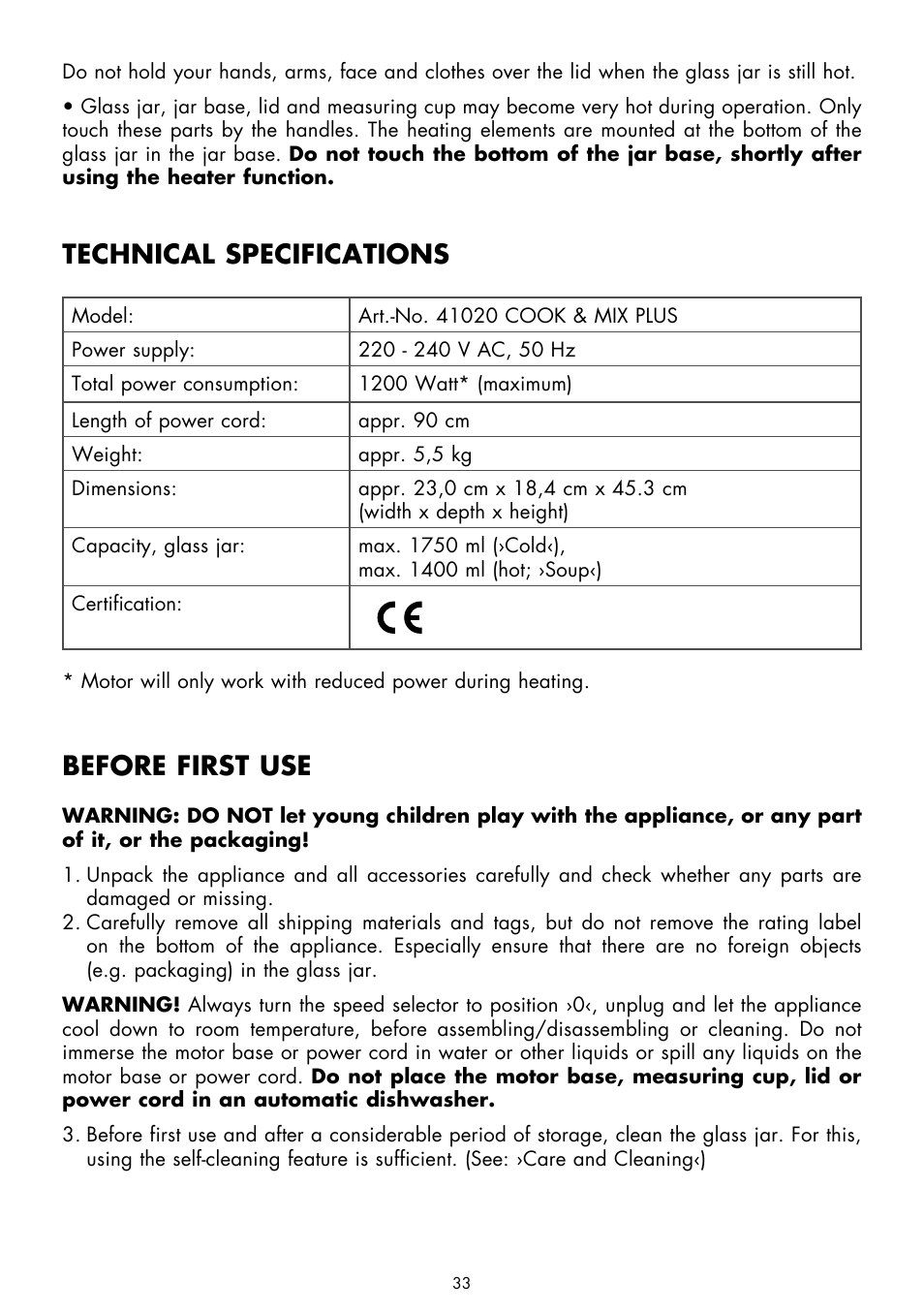 Technical specifications, Before first use | Gastroback 41020 Cook & Mix Plus User Manual | Page 7 / 26