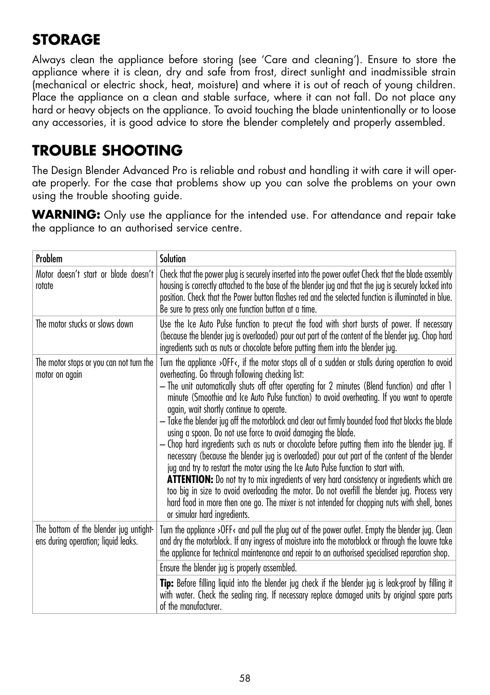 Storage, Trouble shooting | Gastroback 41006 Design Mixer Advanced Pro User Manual | Page 20 / 34