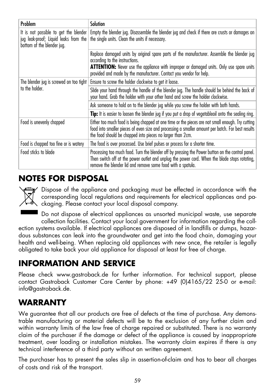 Information and service, Warranty | Gastroback 41006 Design Mixer Advanced Pro User Manual | Page 21 / 34