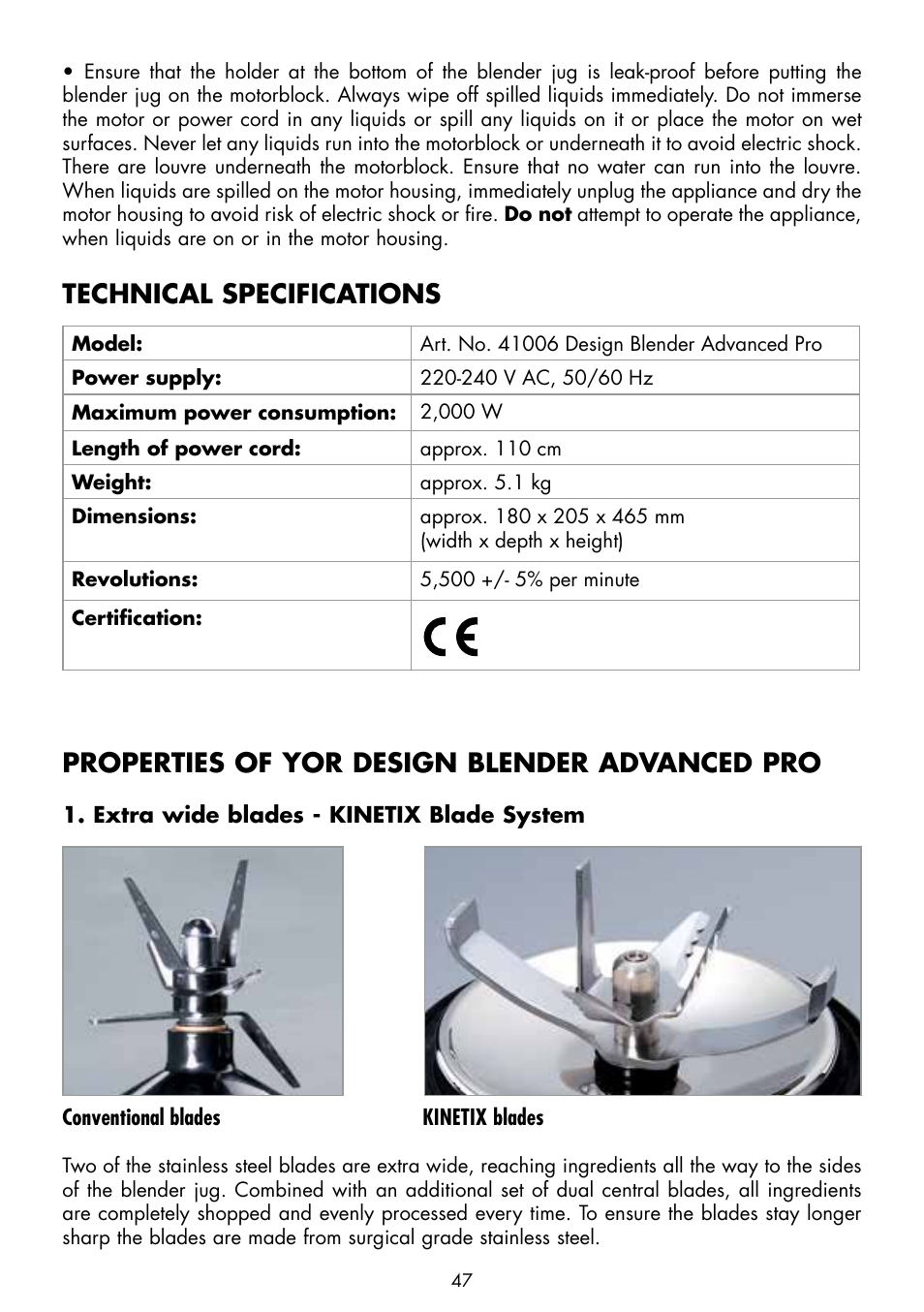 Technical specifications, Properties of yor design blender advanced pro | Gastroback 41006 Design Mixer Advanced Pro User Manual | Page 9 / 34