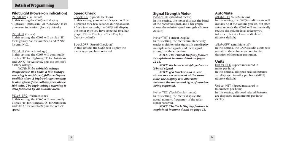 Details of programming, Pilot light (power-on indication), Signal strength meter | Automute, Units, Speed check | Beltronics GX65 User Manual | Page 10 / 18