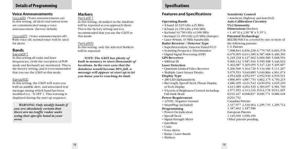 Speciﬁcations details of programming | Beltronics GX65 User Manual | Page 11 / 18