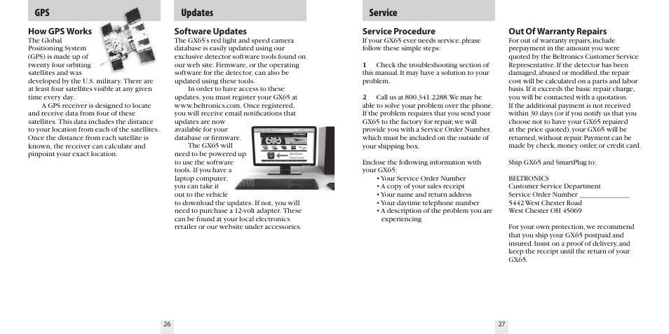 Gps service, Updates | Beltronics GX65 User Manual | Page 15 / 18