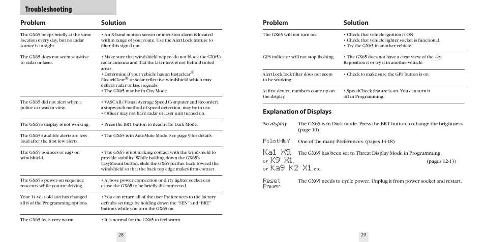 Ka1 x9, K9 x1, Ka9 k2 x1 | Troubleshooting, Explanation of displays, Pilothwy, Reset, Power, Problem, Solution | Beltronics GX65 User Manual | Page 16 / 18