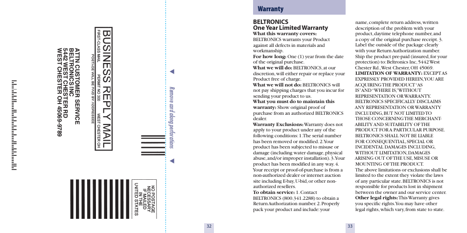 Warranty | Beltronics GX65 User Manual | Page 18 / 18