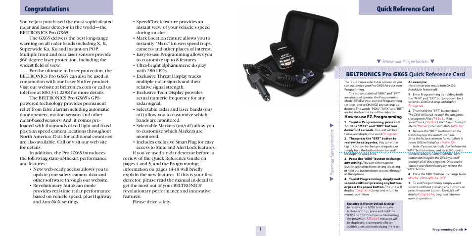 Quick reference card, Beltronics pro gx65 quick reference card | Beltronics GX65 User Manual | Page 2 / 18