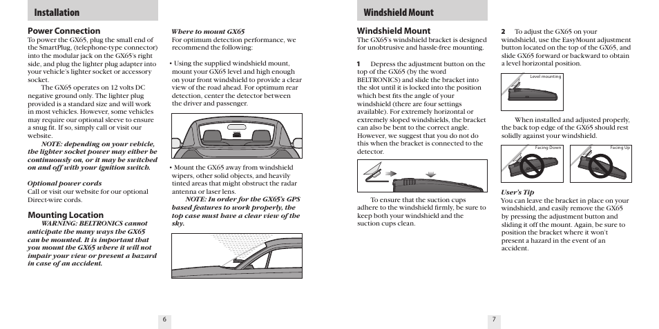 Installation windshield mount, Power connection, Mounting location | Windshield mount | Beltronics GX65 User Manual | Page 5 / 18