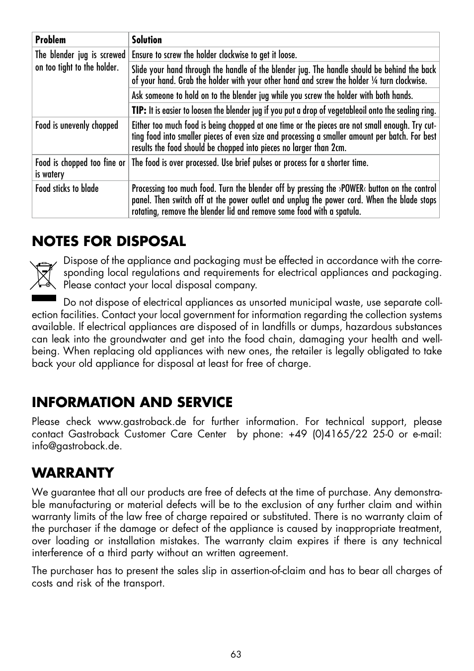 Information and service, Warranty | Gastroback 41001 Design Mixer Advanced Electronic User Manual | Page 23 / 36