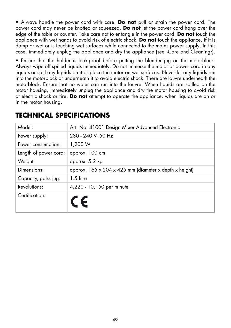 Technical specifications | Gastroback 41001 Design Mixer Advanced Electronic User Manual | Page 9 / 36
