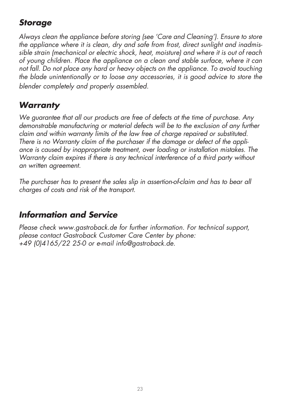 Storage, Warranty, Information and service | Gastroback 41000 Design Mixer Advanced User Manual | Page 23 / 44